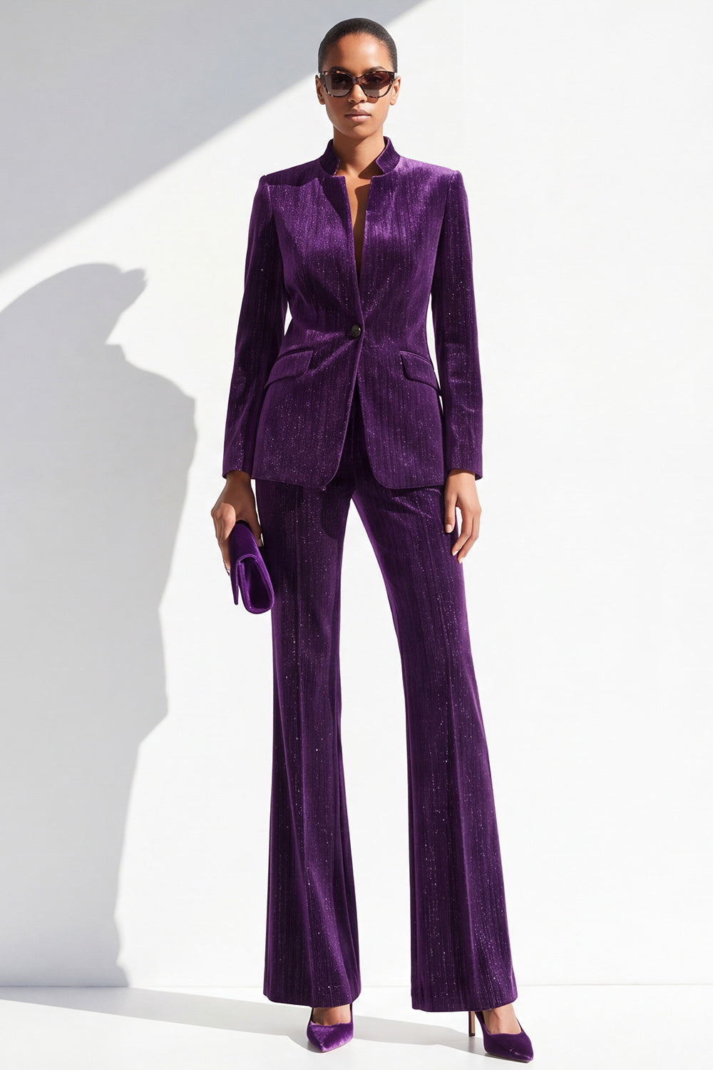 Dark Purple Glitter 2 Piece Lapel Slim Fit One Button Velvet Work Suits