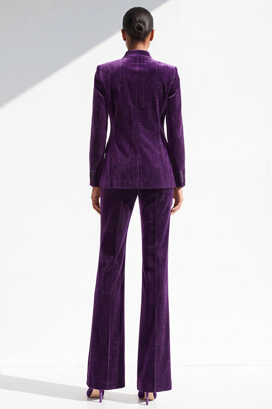 Dark Purple Glitter 2 Piece Lapel Slim Fit One Button Velvet Work Suits