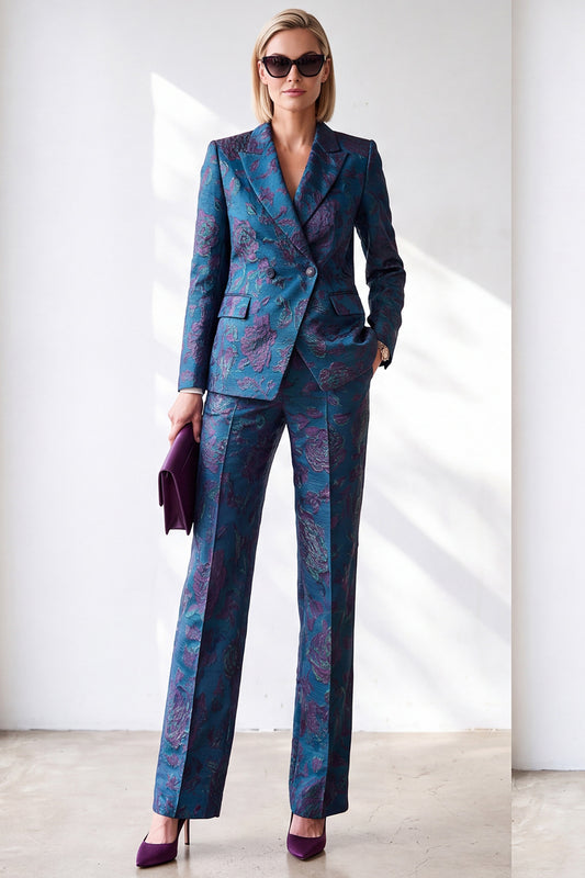 Dark Blue Jacquard 2 Piece Slim Fit Peak Lapel Work Suits with Pocket