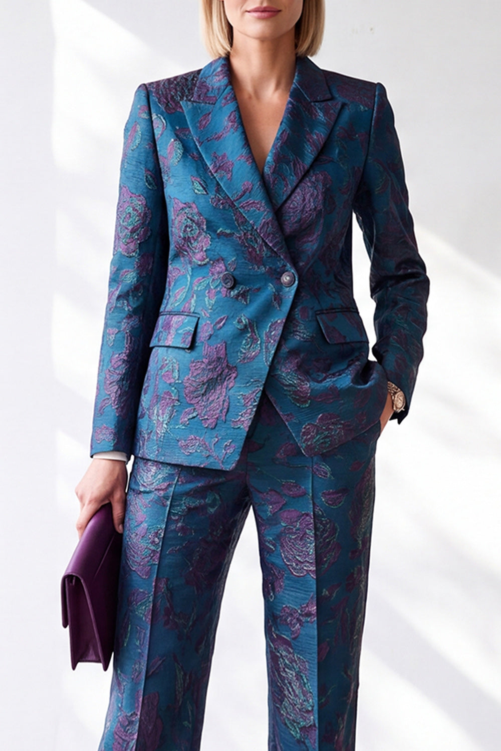 Dark Blue Jacquard 2 Piece Slim Fit Peak Lapel Work Suits with Pocket
