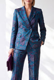 Dark Blue Jacquard 2 Piece Slim Fit Peak Lapel Work Suits with Pocket