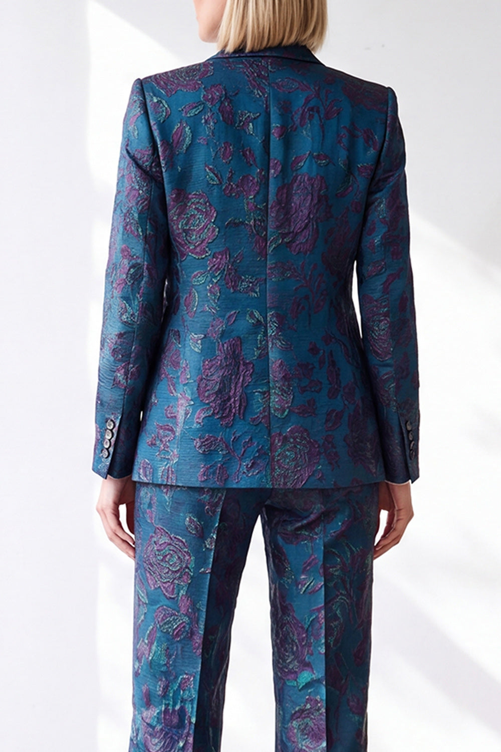 Dark Blue Jacquard 2 Piece Slim Fit Peak Lapel Work Suits with Pocket