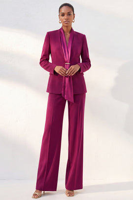 Purple Red Shawl Lapel 2 Piece Work Suits with Neck Scarf