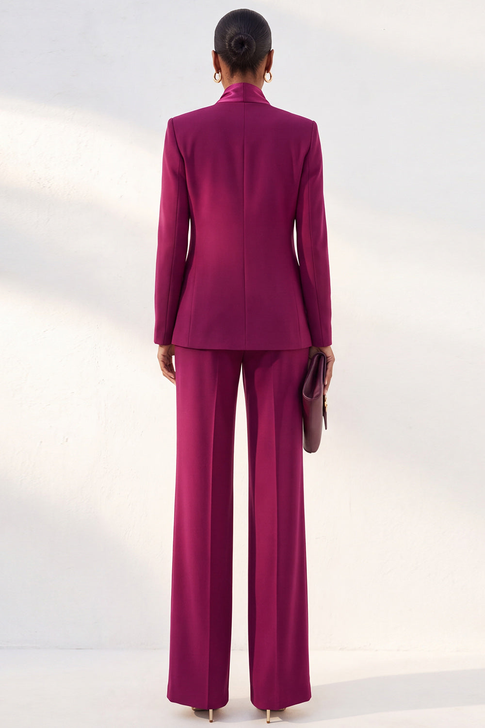 Purple Red Shawl Lapel 2 Piece Work Suits with Neck Scarf