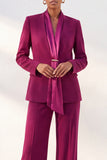 Purple Red Shawl Lapel 2 Piece Work Suits with Neck Scarf