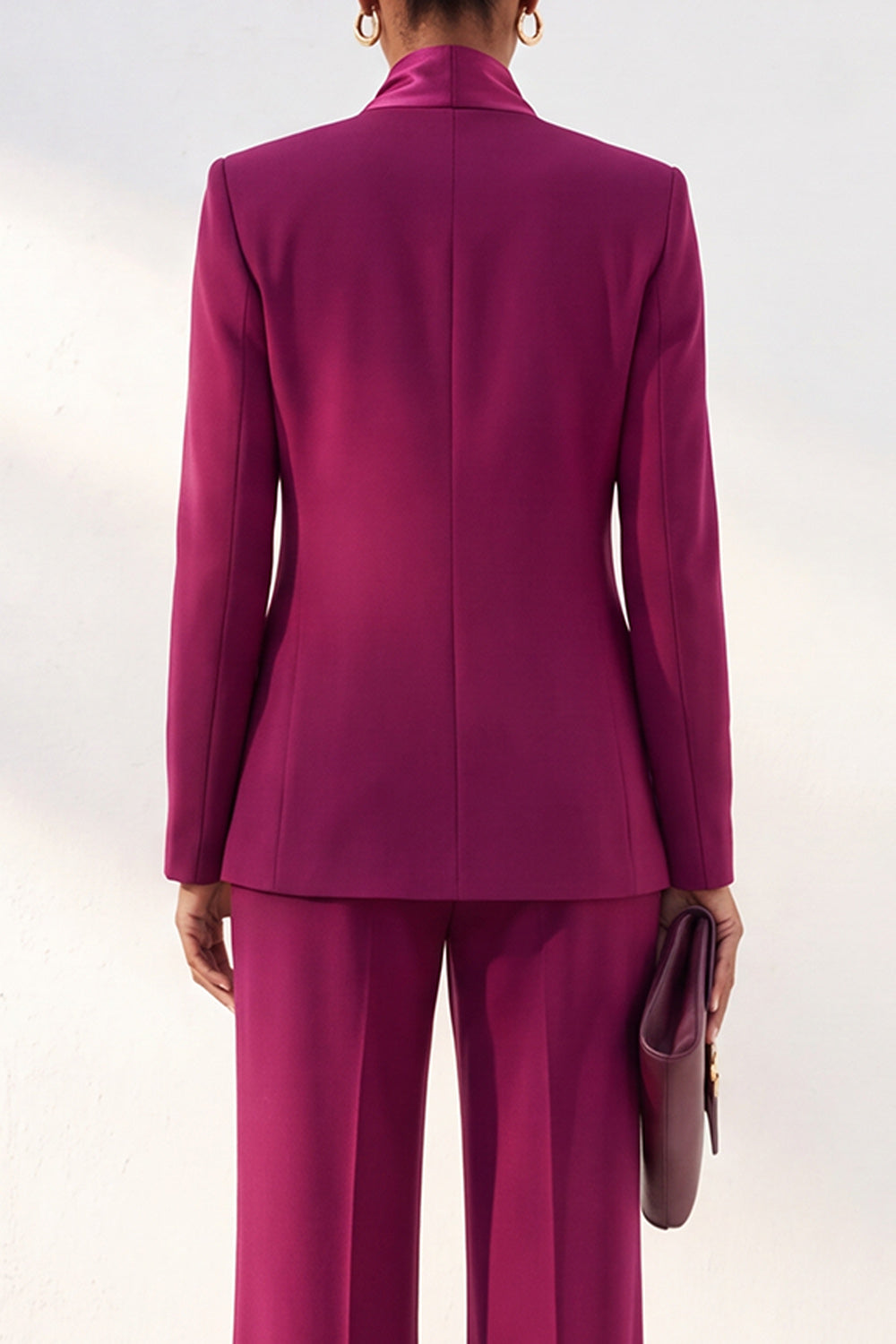 Purple Red Shawl Lapel 2 Piece Work Suits with Neck Scarf
