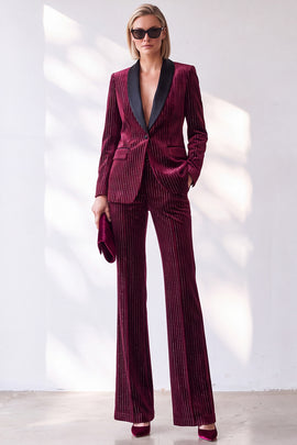 Sparkly Burgundy 2 Piece Striped Slim Fit Shawl Lapel Velvet Work Suits with Pocket