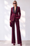 Sparkly Burgundy 2 Piece Striped Slim Fit Shawl Lapel Velvet Work Suits with Pocket