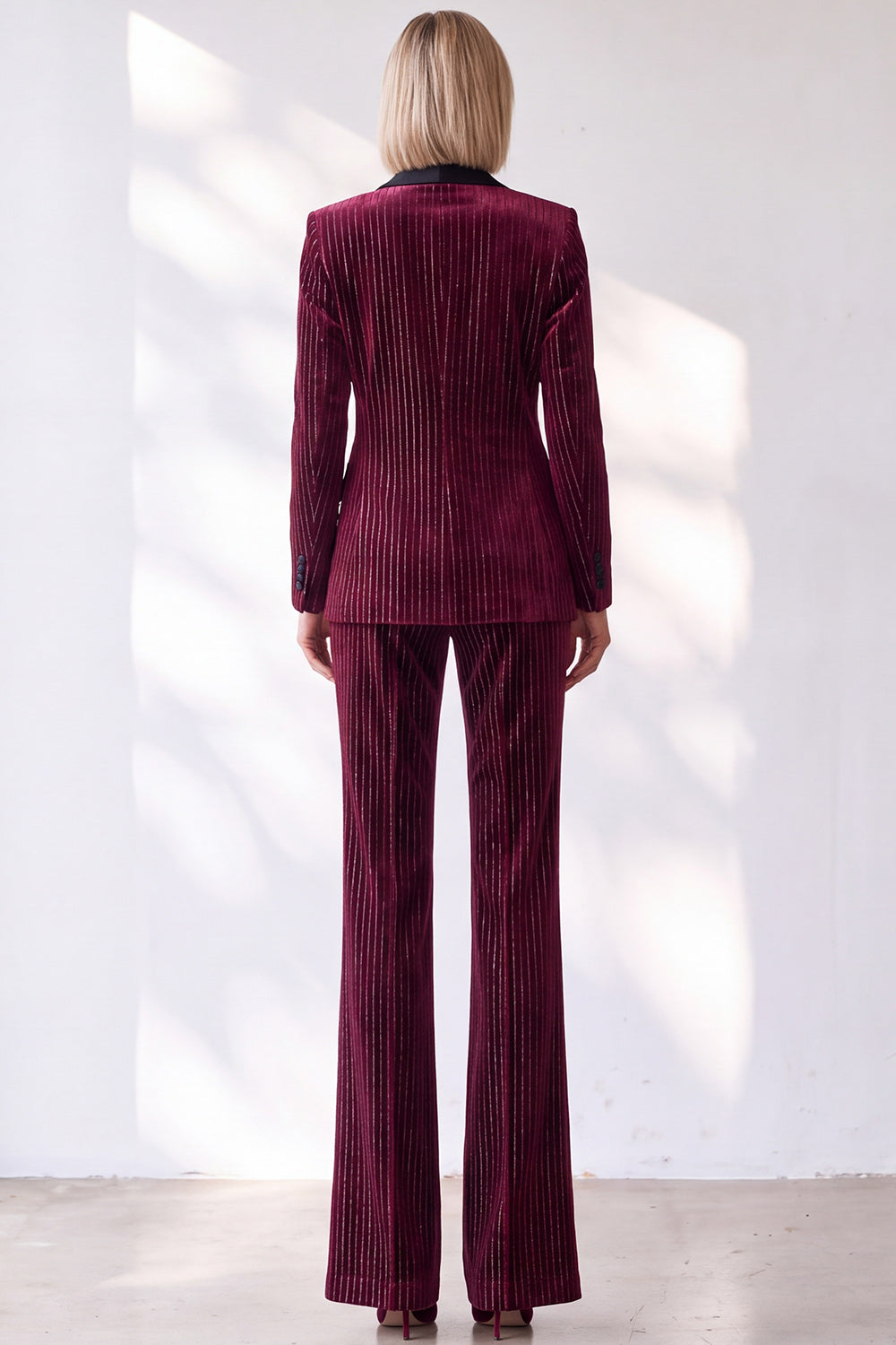 Sparkly Burgundy 2 Piece Striped Slim Fit Shawl Lapel Velvet Work Suits with Pocket