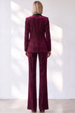 Sparkly Burgundy 2 Piece Striped Slim Fit Shawl Lapel Velvet Work Suits with Pocket