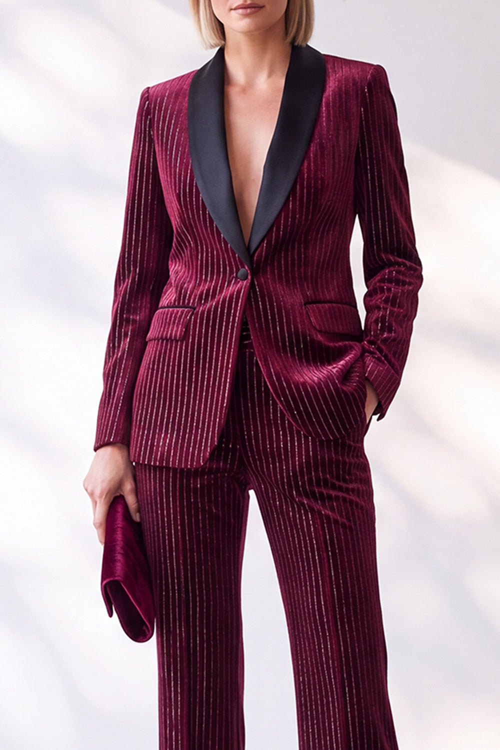 Sparkly Burgundy 2 Piece Striped Slim Fit Shawl Lapel Velvet Work Suits with Pocket