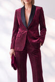 Sparkly Burgundy 2 Piece Striped Slim Fit Shawl Lapel Velvet Work Suits with Pocket