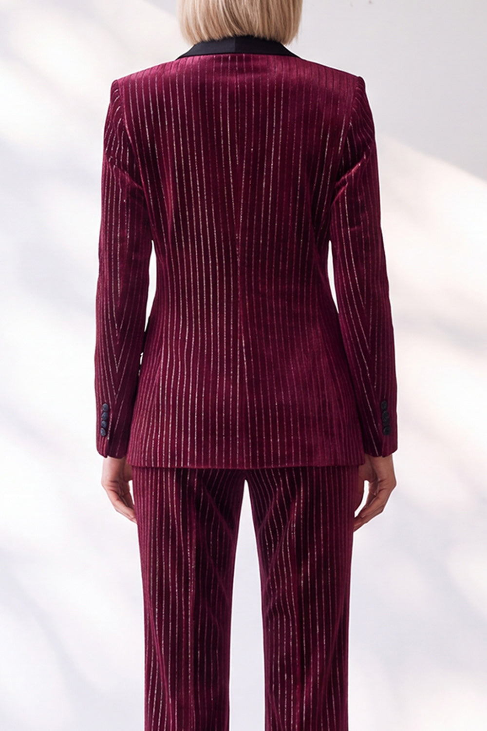 Sparkly Burgundy 2 Piece Striped Slim Fit Shawl Lapel Velvet Work Suits with Pocket