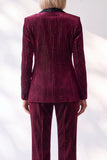 Sparkly Burgundy 2 Piece Striped Slim Fit Shawl Lapel Velvet Work Suits with Pocket