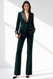 Dark Green 2 Piece Peak Lapel Slim Fit Velvet Work Suits with Pockets