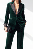 Dark Green 2 Piece Peak Lapel Slim Fit Velvet Work Suits with Pockets