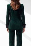 Dark Green 2 Piece Peak Lapel Slim Fit Velvet Work Suits with Pockets