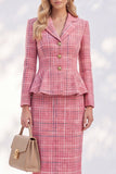Pink Tweed 2 Piece Notched Lapel Ruffled Single Breasted Pencil Midi Work Dress