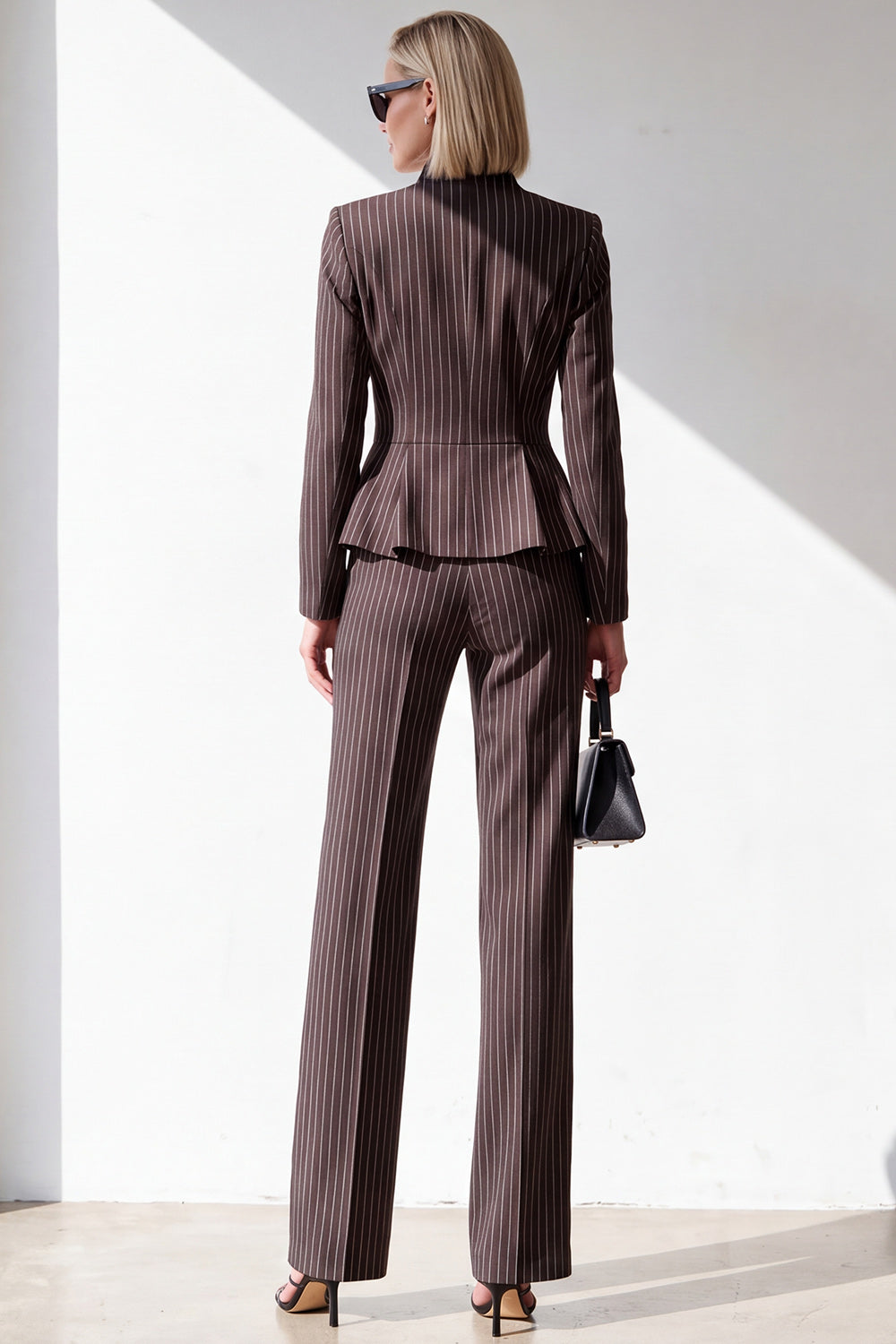 Coffee 2 Piece One Button V-Neck Slim Fit Striped Ruffled Work Suits with Pockets