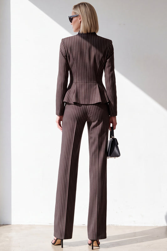 Coffee 2 Piece One Button V-Neck Slim Fit Striped Ruffled Work Suits with Pockets