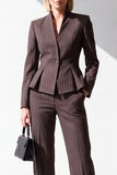 Coffee 2 Piece One Button V-Neck Slim Fit Striped Ruffled Work Suits with Pockets