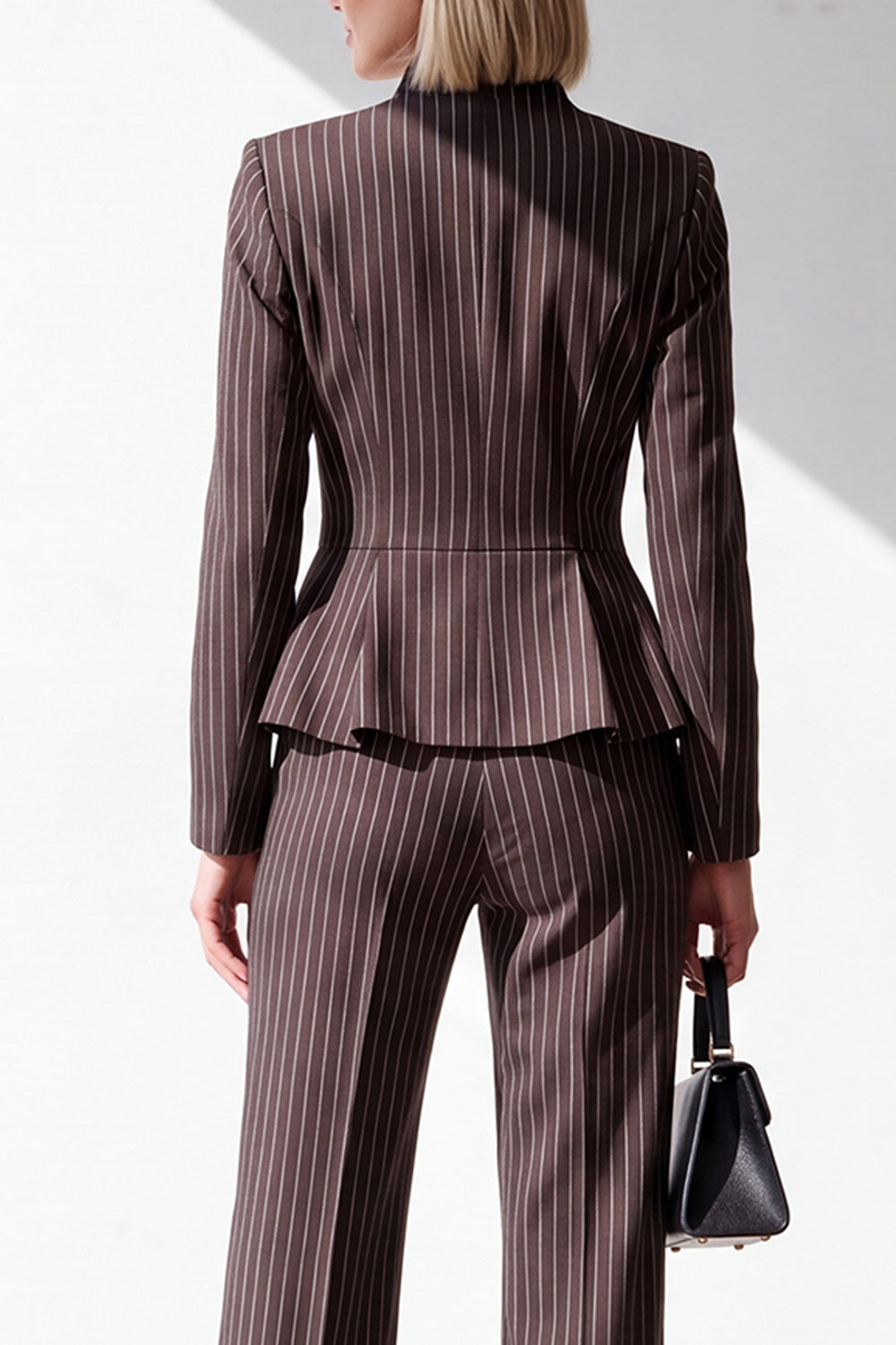 Coffee 2 Piece One Button V-Neck Slim Fit Striped Ruffled Work Suits with Pockets