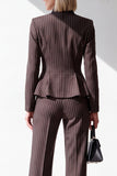 Coffee 2 Piece One Button V-Neck Slim Fit Striped Ruffled Work Suits with Pockets