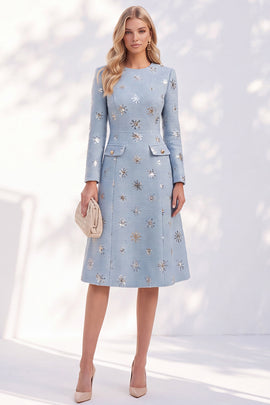 Sparkly Blue A-Line Round Neck Tweed Sequins Midi Work Dress