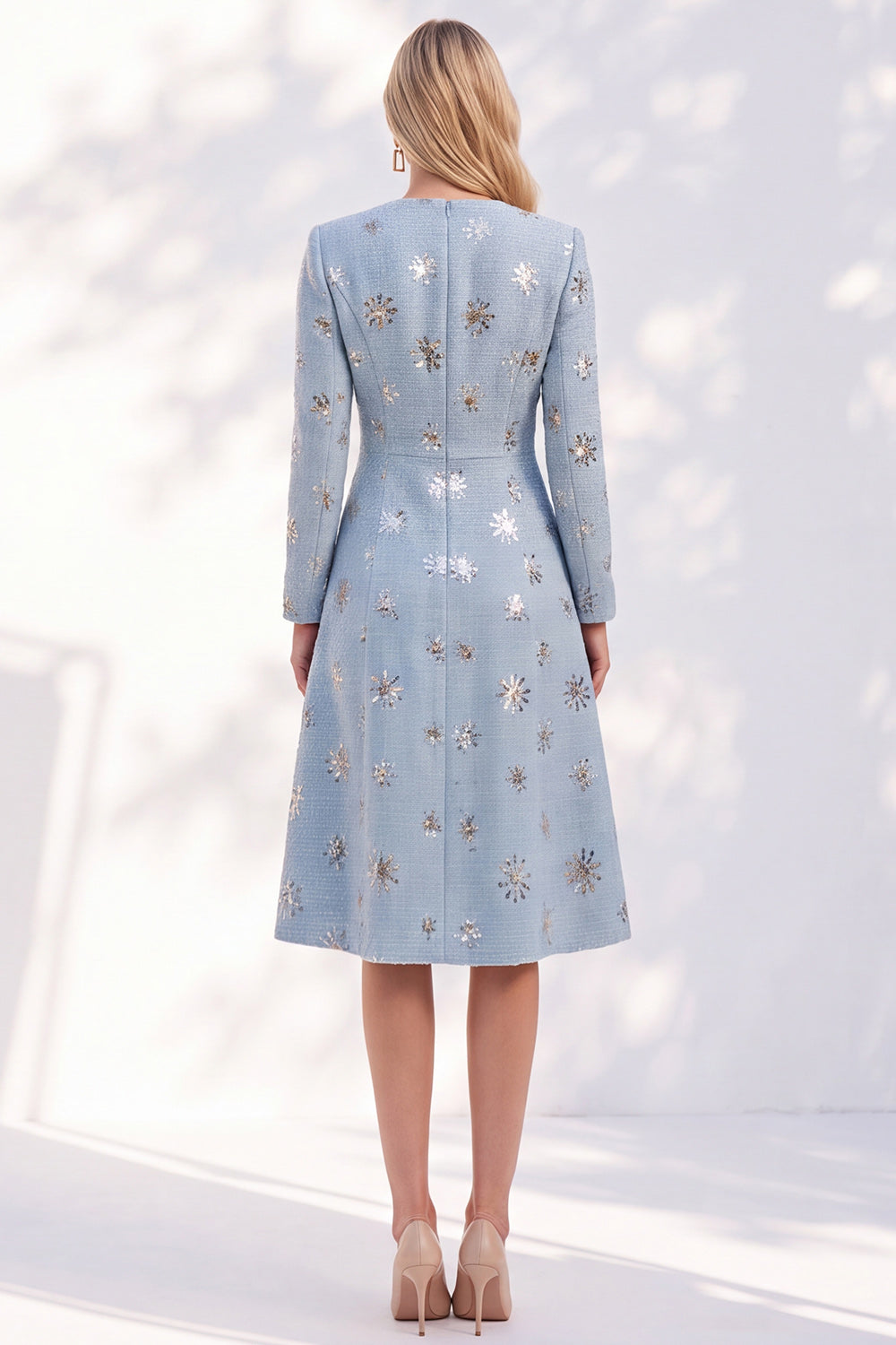 Sparkly Blue A-Line Round Neck Tweed Sequins Midi Work Dress