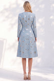 Sparkly Blue A-Line Round Neck Tweed Sequins Midi Work Dress