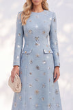 Sparkly Blue A-Line Round Neck Tweed Sequins Midi Work Dress