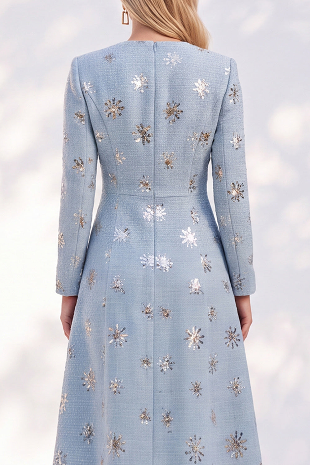 Sparkly Blue A-Line Round Neck Tweed Sequins Midi Work Dress