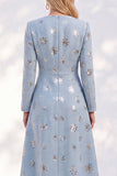 Sparkly Blue A-Line Round Neck Tweed Sequins Midi Work Dress