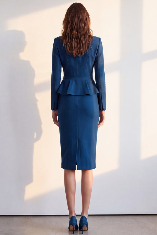Dark Blue 2 Piece Notched Lapel Pencil One Button Midi Work Dress with Pocket