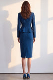 Dark Blue 2 Piece Notched Lapel Pencil One Button Midi Work Dress with Pocket