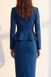 Dark Blue 2 Piece Notched Lapel Pencil One Button Midi Work Dress with Pocket