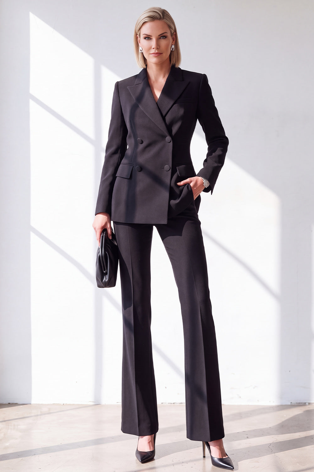Black 2 Piece Double Breasted Peak Lapel Slim Fit Work Suits with Pockets