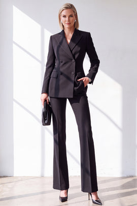 Black 2 Piece Double Breasted Peak Lapel Slim Fit Work Suits with Pockets