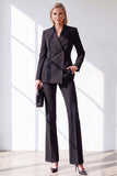 Black 2 Piece Double Breasted Peak Lapel Slim Fit Work Suits with Pockets