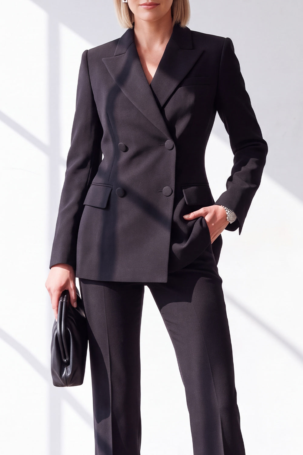 Black 2 Piece Double Breasted Peak Lapel Slim Fit Work Suits with Pockets