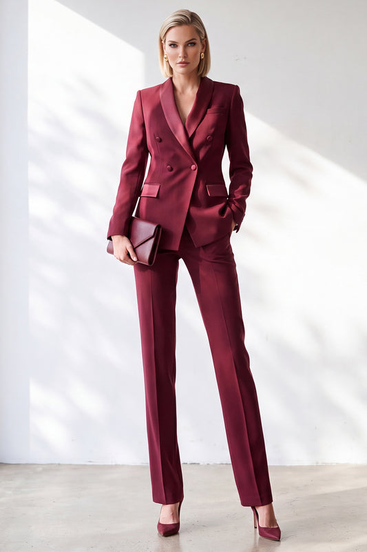 Burgundy Shawl Lapel Slim Fit 2 Piece Work Suits with Pocket