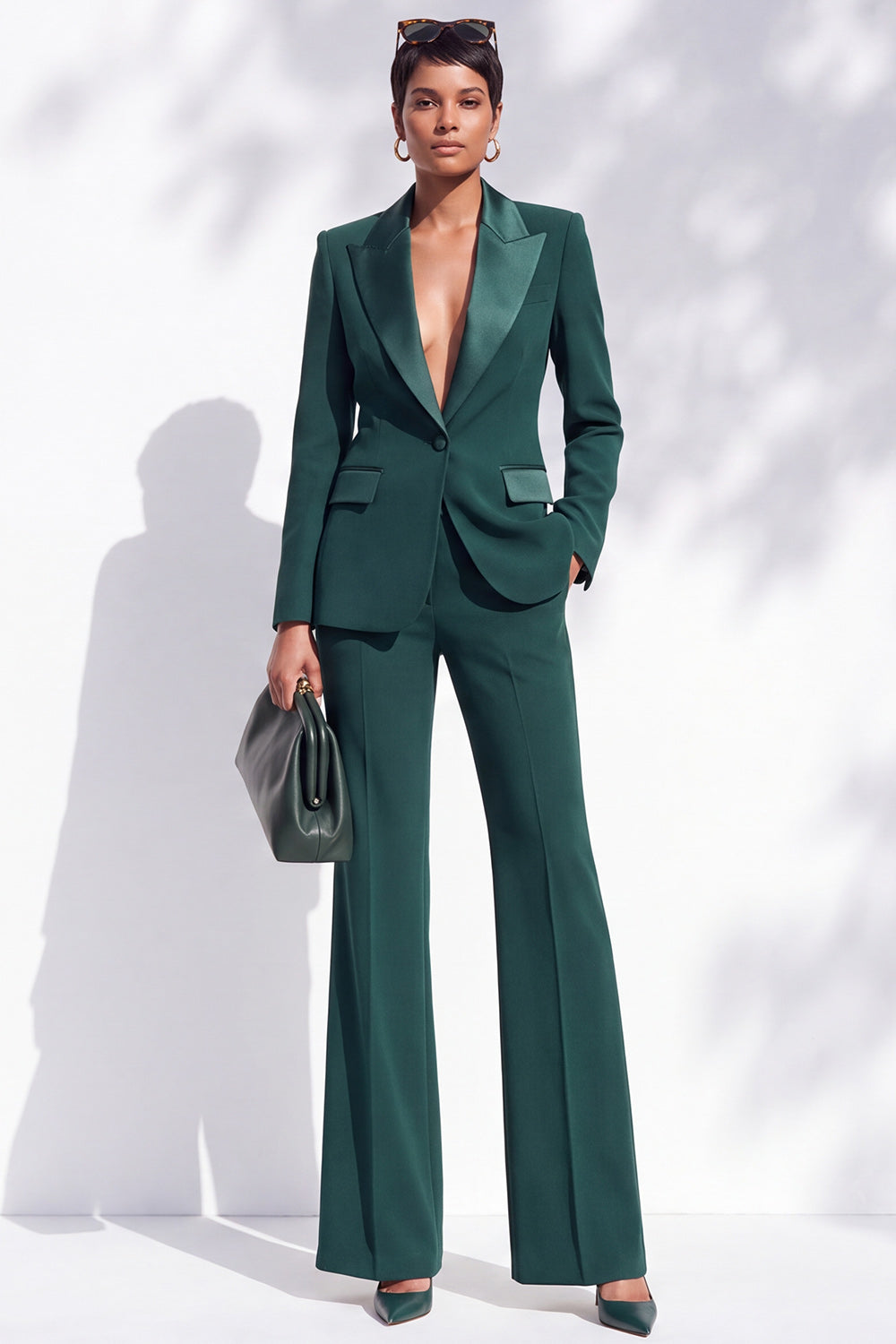 Dark Green Peak Lapel Slim Fit One Button 2 Piece Work Suits with Pocket