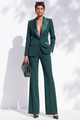 Dark Green Peak Lapel Slim Fit One Button 2 Piece Work Suits with Pocket