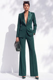 Dark Green Peak Lapel Slim Fit One Button 2 Piece Work Suits with Pocket