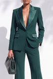 Dark Green Peak Lapel Slim Fit One Button 2 Piece Work Suits with Pocket