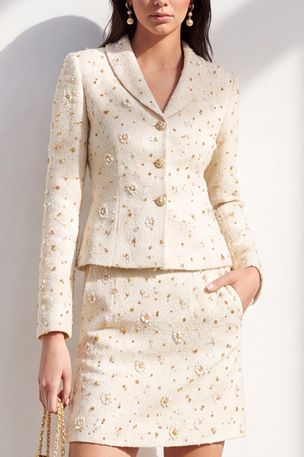 Ivory 2 Piece Floral Tweed Shawl Lapel Single Breasted Short Work Dress with Pocket