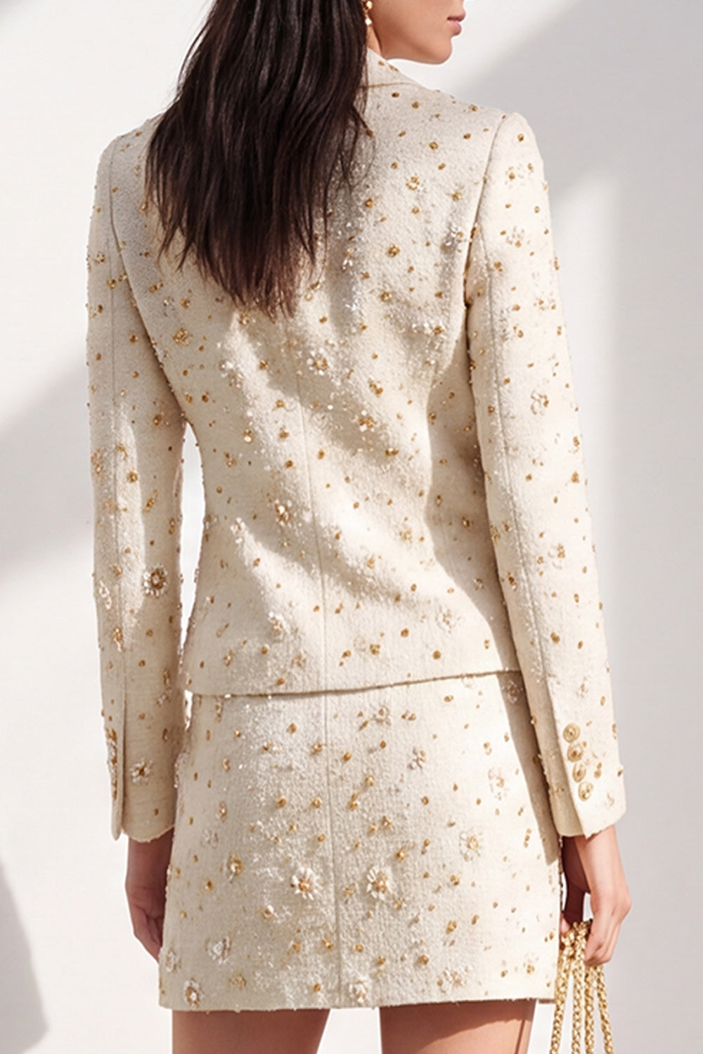 Ivory 2 Piece Floral Tweed Shawl Lapel Single Breasted Short Work Dress with Pocket