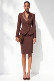 Coffee Peak Lapel 2 Piece Double Breasted Pencil Midi Work Dress with Slit