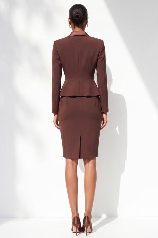 Coffee Peak Lapel 2 Piece Double Breasted Pencil Midi Work Dress with Slit