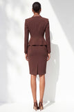 Coffee Peak Lapel 2 Piece Double Breasted Pencil Midi Work Dress with Slit